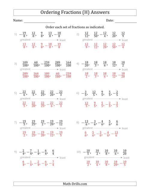 The Ordering Sets of 5 Positive and Negative Fractions with Like Denominators or Like Numerators (H) Math Worksheet Page 2