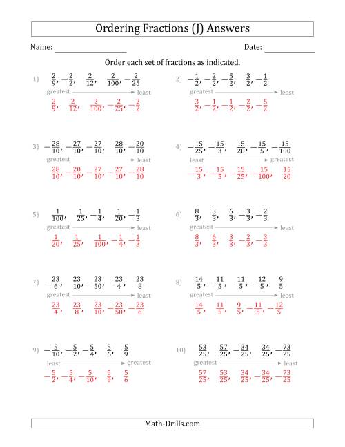 The Ordering Sets of 5 Positive and Negative Fractions with Like Denominators or Like Numerators (J) Math Worksheet Page 2