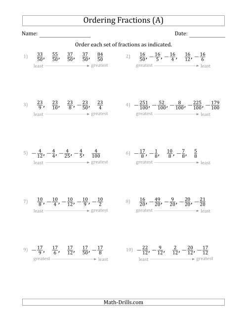 The Ordering Sets of 5 Positive and Negative Fractions with Like Denominators or Like Numerators (All) Math Worksheet