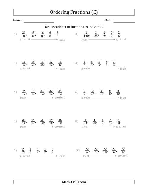The Ordering Sets of 5 Positive Fractions with Like Denominators or Like Numerators (E) Math Worksheet