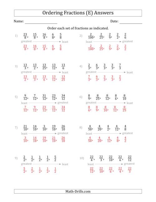 The Ordering Sets of 5 Positive Fractions with Like Denominators or Like Numerators (E) Math Worksheet Page 2
