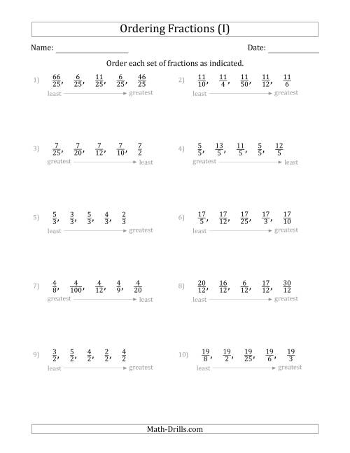 The Ordering Sets of 5 Positive Fractions with Like Denominators or Like Numerators (I) Math Worksheet