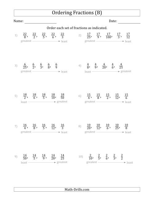 The Ordering Sets of 5 Positive Fractions with Like Numerators (B) Math Worksheet
