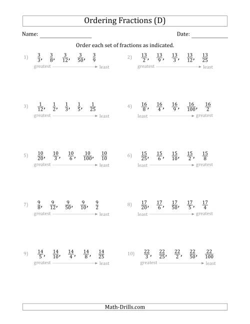 The Ordering Sets of 5 Positive Fractions with Like Numerators (D) Math Worksheet