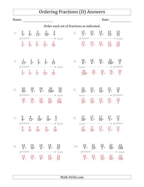 The Ordering Sets of 5 Positive Fractions with Like Numerators (D) Math Worksheet Page 2