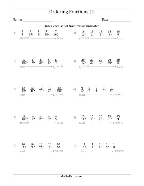 The Ordering Sets of 5 Positive Fractions with Like Numerators (I) Math Worksheet