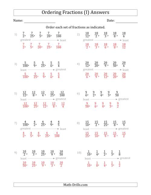 The Ordering Sets of 5 Positive Fractions with Like Numerators (I) Math Worksheet Page 2