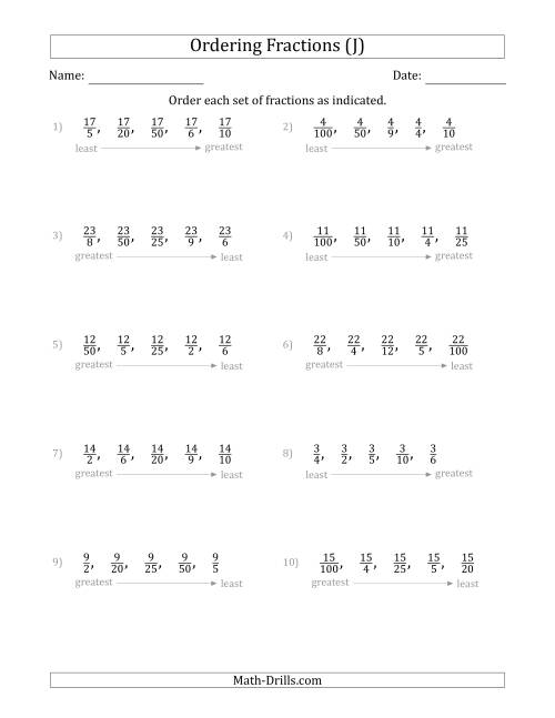 The Ordering Sets of 5 Positive Fractions with Like Numerators (J) Math Worksheet