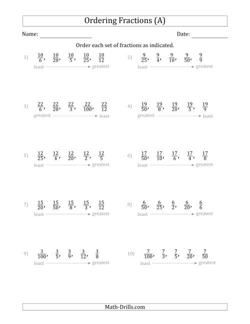 The Ordering Sets of 5 Positive Fractions with Like Numerators (All) Math Worksheet
