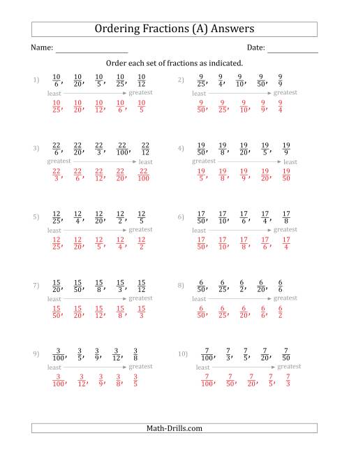 The Ordering Sets of 5 Positive Fractions with Like Numerators (All) Math Worksheet Page 2