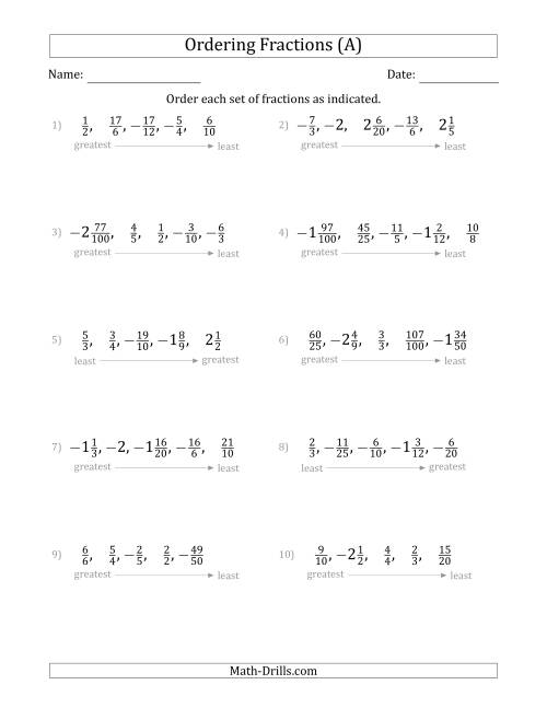 Ordering Sets Of 5 Positive And Negative Fractions With Improper And Mixed Fractions A 