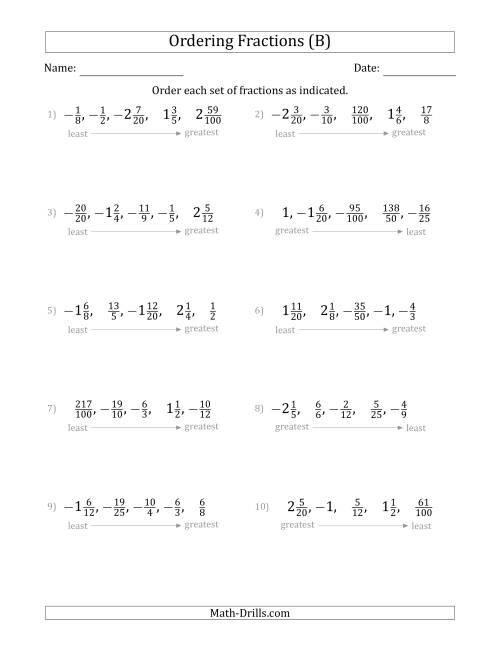 The Ordering Sets of 5 Positive and Negative Fractions with Improper and Mixed Fractions (B) Math Worksheet
