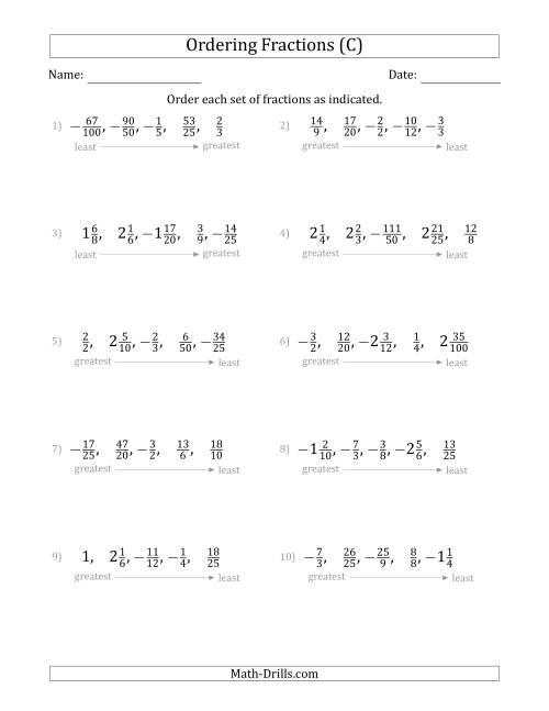 The Ordering Sets of 5 Positive and Negative Fractions with Improper and Mixed Fractions (C) Math Worksheet
