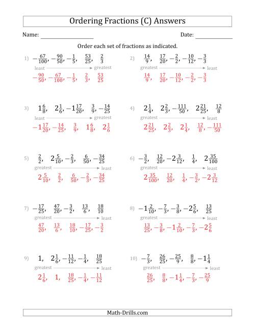 The Ordering Sets of 5 Positive and Negative Fractions with Improper and Mixed Fractions (C) Math Worksheet Page 2