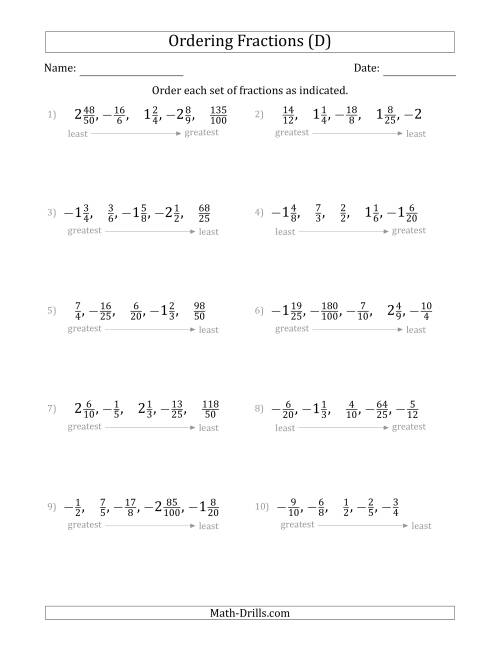 The Ordering Sets of 5 Positive and Negative Fractions with Improper and Mixed Fractions (D) Math Worksheet