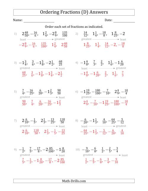 The Ordering Sets of 5 Positive and Negative Fractions with Improper and Mixed Fractions (D) Math Worksheet Page 2