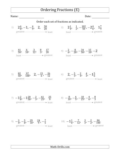 The Ordering Sets of 5 Positive and Negative Fractions with Improper and Mixed Fractions (E) Math Worksheet