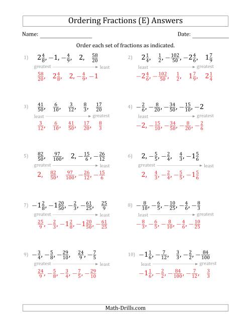 The Ordering Sets of 5 Positive and Negative Fractions with Improper and Mixed Fractions (E) Math Worksheet Page 2