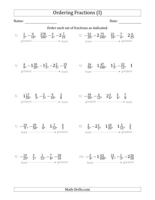 The Ordering Sets of 5 Positive and Negative Fractions with Improper and Mixed Fractions (I) Math Worksheet