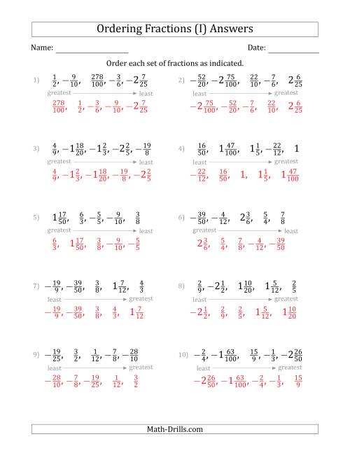 The Ordering Sets of 5 Positive and Negative Fractions with Improper and Mixed Fractions (I) Math Worksheet Page 2
