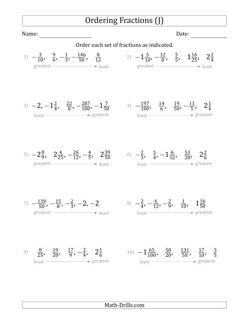 The Ordering Sets of 5 Positive and Negative Fractions with Improper and Mixed Fractions (J) Math Worksheet