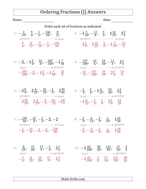 The Ordering Sets of 5 Positive and Negative Fractions with Improper and Mixed Fractions (J) Math Worksheet Page 2