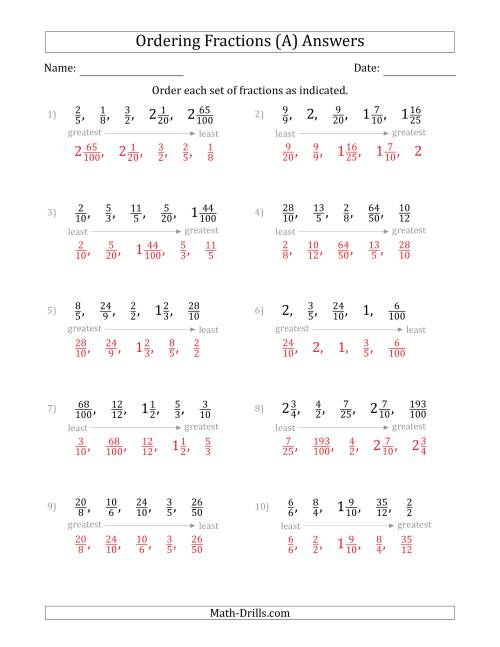 The Ordering Sets of 5 Positive Fractions with Improper and Mixed Fractions (A) Math Worksheet Page 2