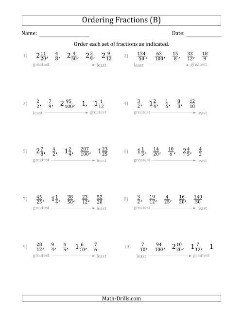 The Ordering Sets of 5 Positive Fractions with Improper and Mixed Fractions (B) Math Worksheet