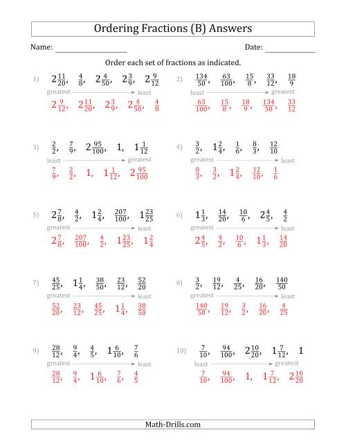 The Ordering Sets of 5 Positive Fractions with Improper and Mixed Fractions (B) Math Worksheet Page 2