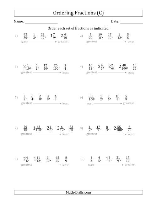 The Ordering Sets of 5 Positive Fractions with Improper and Mixed Fractions (C) Math Worksheet