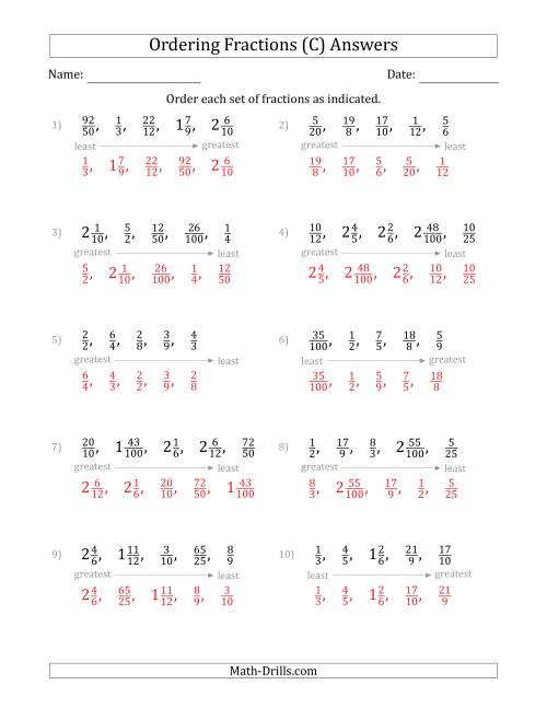 The Ordering Sets of 5 Positive Fractions with Improper and Mixed Fractions (C) Math Worksheet Page 2