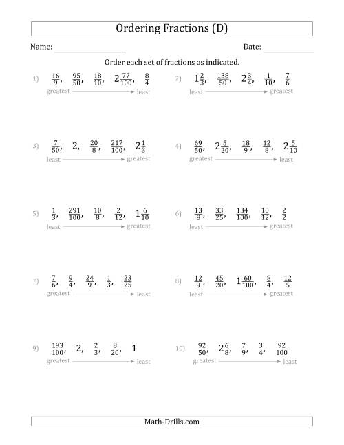 The Ordering Sets of 5 Positive Fractions with Improper and Mixed Fractions (D) Math Worksheet