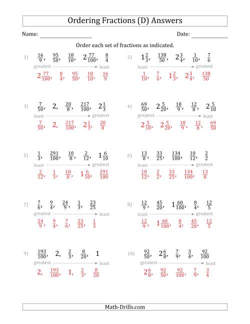 The Ordering Sets of 5 Positive Fractions with Improper and Mixed Fractions (D) Math Worksheet Page 2