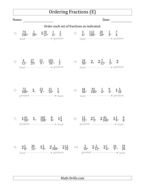 The Ordering Sets of 5 Positive Fractions with Improper and Mixed Fractions (E) Math Worksheet