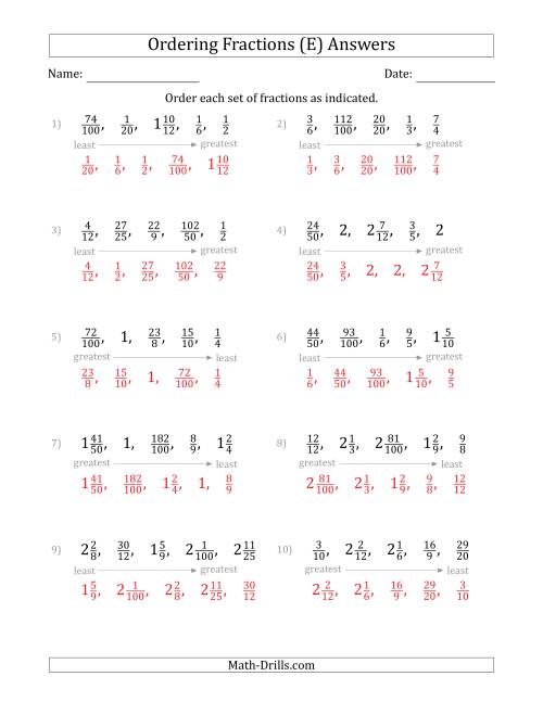 The Ordering Sets of 5 Positive Fractions with Improper and Mixed Fractions (E) Math Worksheet Page 2