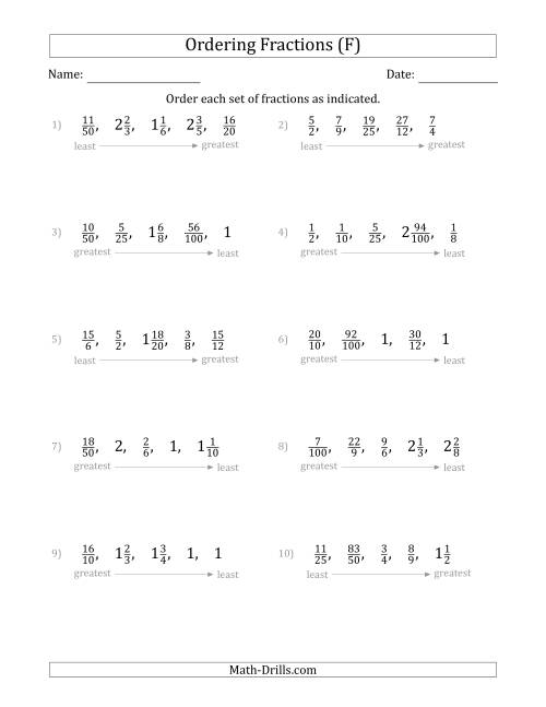 The Ordering Sets of 5 Positive Fractions with Improper and Mixed Fractions (F) Math Worksheet