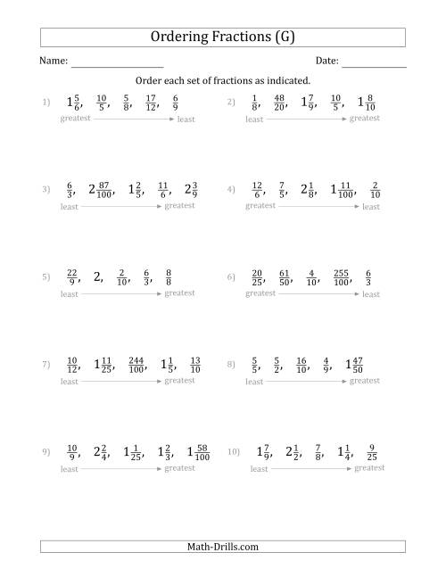 The Ordering Sets of 5 Positive Fractions with Improper and Mixed Fractions (G) Math Worksheet