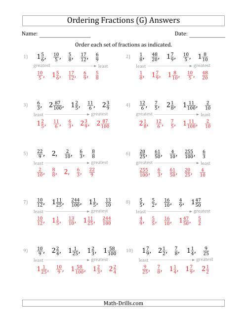 The Ordering Sets of 5 Positive Fractions with Improper and Mixed Fractions (G) Math Worksheet Page 2
