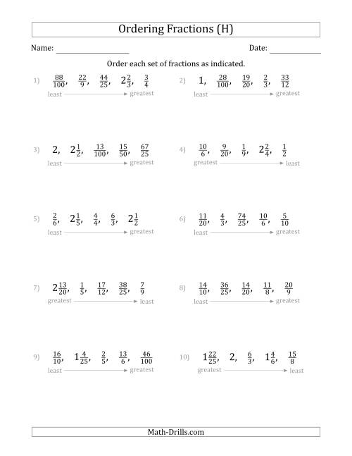 The Ordering Sets of 5 Positive Fractions with Improper and Mixed Fractions (H) Math Worksheet