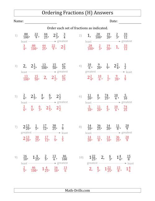 The Ordering Sets of 5 Positive Fractions with Improper and Mixed Fractions (H) Math Worksheet Page 2