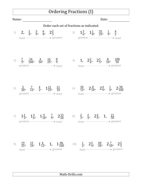 The Ordering Sets of 5 Positive Fractions with Improper and Mixed Fractions (I) Math Worksheet