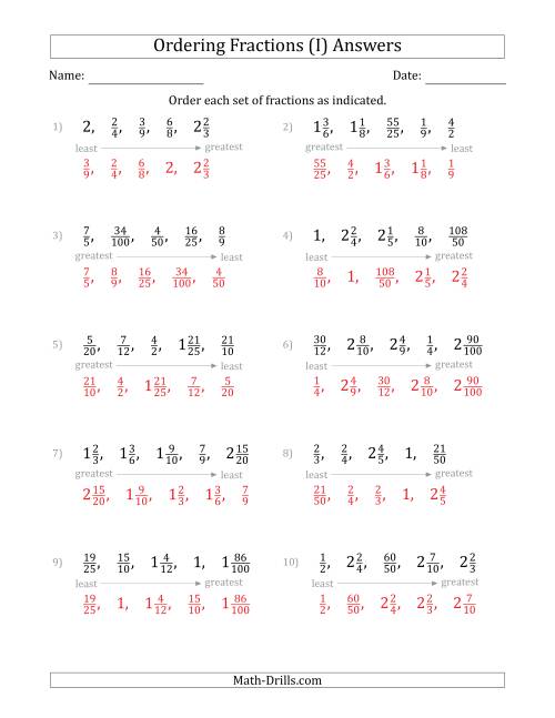 The Ordering Sets of 5 Positive Fractions with Improper and Mixed Fractions (I) Math Worksheet Page 2
