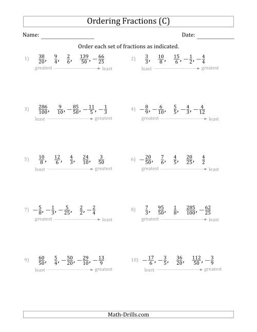 The Ordering Sets of 5 Positive and Negative Fractions with Improper Fractions (C) Math Worksheet