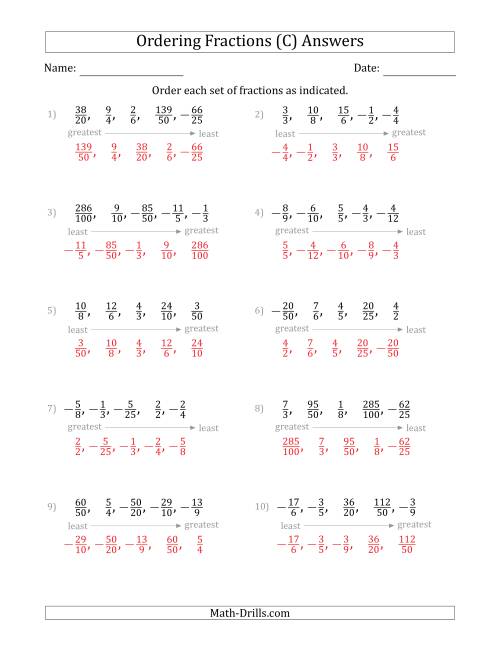 The Ordering Sets of 5 Positive and Negative Fractions with Improper Fractions (C) Math Worksheet Page 2