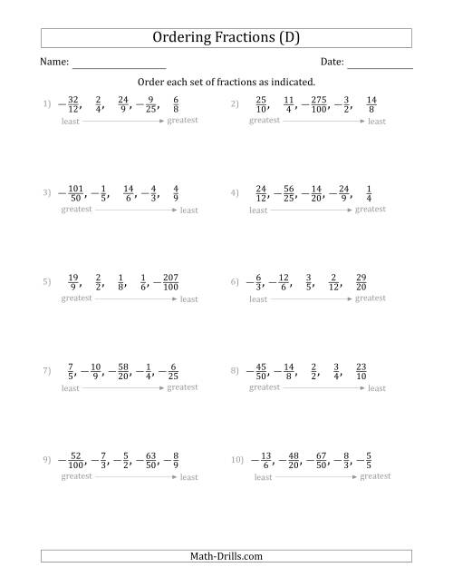 The Ordering Sets of 5 Positive and Negative Fractions with Improper Fractions (D) Math Worksheet