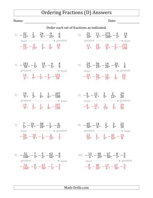 The Ordering Sets of 5 Positive and Negative Fractions with Improper Fractions (D) Math Worksheet Page 2
