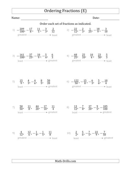 The Ordering Sets of 5 Positive and Negative Fractions with Improper Fractions (E) Math Worksheet