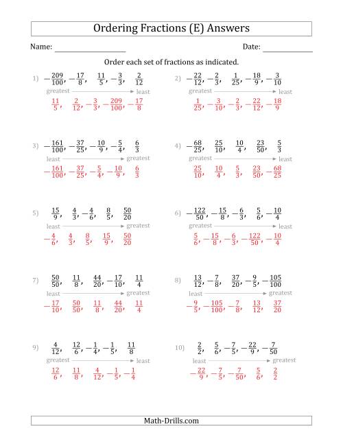 The Ordering Sets of 5 Positive and Negative Fractions with Improper Fractions (E) Math Worksheet Page 2