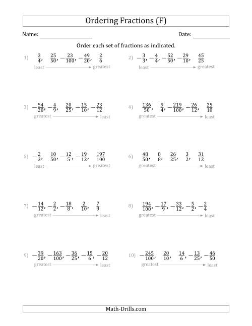 The Ordering Sets of 5 Positive and Negative Fractions with Improper Fractions (F) Math Worksheet