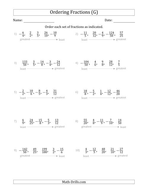 The Ordering Sets of 5 Positive and Negative Fractions with Improper Fractions (G) Math Worksheet